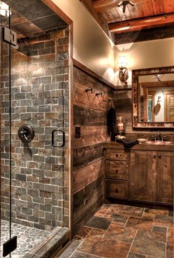 Rustic Bathroom Remodel, Rustic Shower, Farmhouse Flooring, Cabin Bathrooms, Rustic Bathroom Designs, Revere Pewter, Country Bathroom, Rustic Bathroom Decor, Rustic Bathrooms