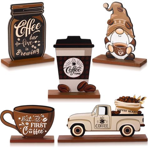 PRICES MAY VARY. What Will You Get: the package contains 5 pieces coffee theme wood signs in 5 different styles, sufficient quantity and various styles can meet your different coffee table decoration needs, which can make your home more beautiful and bright, and you can share them with your friend and family Coffee Theme Design: these coffee sign decors are designed with different shapes and elements related to coffee, printed with coffee cups, mugs, gnome, truck and the words related to coffee, Wooden Table Centerpiece, Coffee Tiered Tray Decor, Kaffe Station, Coffee Bar Wood, Coffee Tiered Tray, Kitchen Coffee Station, Wooden Kitchen Signs, Vintage Coffee Shops, Coffee Station Kitchen