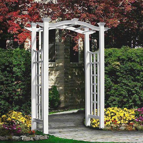 New England Florence Arbor, White, 89.5"H Vinyl Lattice Panels, Cedar Arbor, New England Arbors, Wood Arbor, Wooden Arbor, Vinyl Pergola, Pergola Diy, Arch Trellis, Cheap Pergola