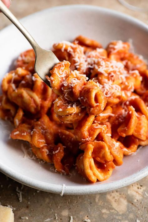 A close up of a fork over a bowl of orecchiette pasta in a spicy tomato sauce Side Pasta, Nduja Recipe, Cafeteria Aesthetic, Chipotle Pasta, Authentic Pasta, Gremolata Recipe, Red Pasta, Italian Recipe, Crusty Bread