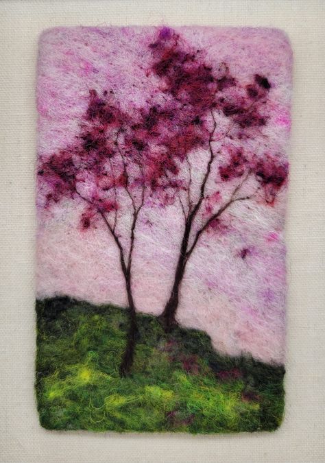 Felt Art, Trees, Felt Painting, Wool Art, Wool Painting, Needle Felted Painting, in 6x8 Frame Behind Glass - Etsy Dry Needle Felting, Needle Felted Trees, Felt Painting, Felt Wall Art, Tovad Ull, Fiber Wall Art, Felt Tree, Wool Needle Felting, Wet Felting Projects