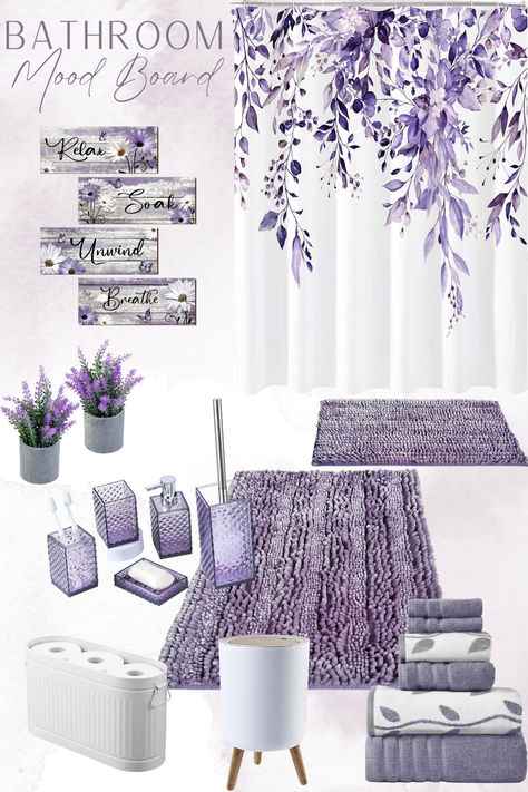 purple bathroom mood board with a white shower curtain featuring a purple floral design on it, purple chenille bath mats, purple towels, a purple bathroom accessory set, farmhouse bathroom wall decor, a white bathroom garbage can, and a white toilet paper holder Purple Gray Bathroom Ideas, Purple Bathrooms Ideas, Purple And Gray Bathroom Ideas, Lavender Bathroom Ideas Decor, Purple Bathroom Decor Ideas, Purple Bathroom Ideas Decor, Lavender Bathroom Ideas, Gray And Purple Bathroom, Purple Bathroom Ideas