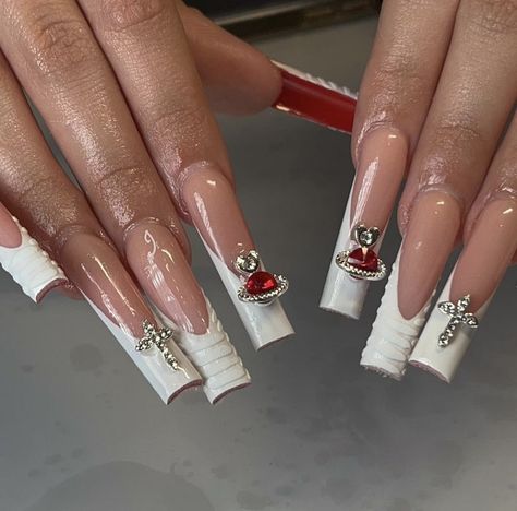 French Tip Red Bottom Nails, Long White French Tip, Silver French Tip, 19 Bday, Bottom Nails, Red Bottom Nails, Practice Nails, Prom Prep, Charm Nails