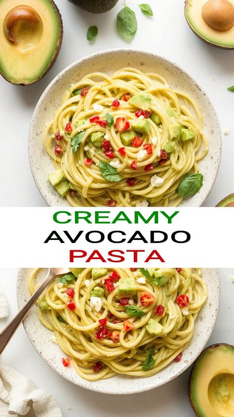 Creamy Avocado Pasta Avacodo Recipe Idea Dinner, Simple Healthy Pasta, Avocado Pasta Recipes, Pecorino Pasta, Avocado Meals, Avocado Recipes Pasta, Creamy Avocado Pasta, Tomato Pasta Recipe, Avocado Pasta