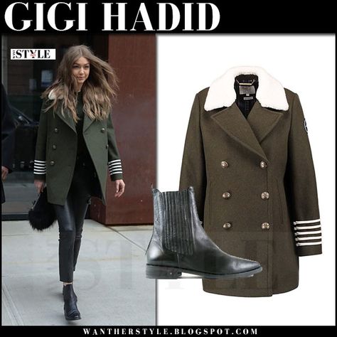 Gigi Hadid in green military style coat, black leather pants and black boots Military Coat Outfit, New York February, Khaki Coat, Military Style Coats, Military Coat, Black Leather Pants, Military Style Jackets, Style Coat, Mens Fashion Streetwear