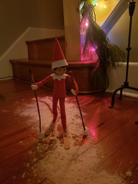 Elf On The Shelf Ideas With Snow, Elf On The Shelf With Flour, Elf On The Shelf Skiing Ideas, Elf On The Shelf Popsicle Sticks, Elf On The Shelf Ideas Popsicle Sticks, Skiing Elf On The Shelf, Elf Popsicle Stick Craft, Elf On The Shelf Pair Ideas, Elf On The Shelf Fake Snow Ideas