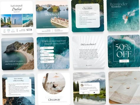 Enjoy beautiful & modern social media Post templates designed spesifically for Travel Industry ♥ (Travel agents, travel agencies, hotels, all-inclusive resorts, travel booking sites, travel bureaus, bloggers...) These posts will help you to showa... Travel Agency Instagram Feed, Hotel Social Media Design, Travel Social Media Design, Travel Instagram Post, Templates Facebook, Hotel Ads, Shape Collage, Travel Booking, Travel Agencies