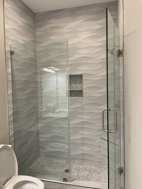 Nautical Shower Tile Ideas, Light Gray Shower Tile Ideas, White Wave Tile Bathroom Showers, Wavy Tile, Bathrooms Makeover, Wave Tile, Gray Shower Tile, Tile Walk In Shower, Bathroom Redecorating