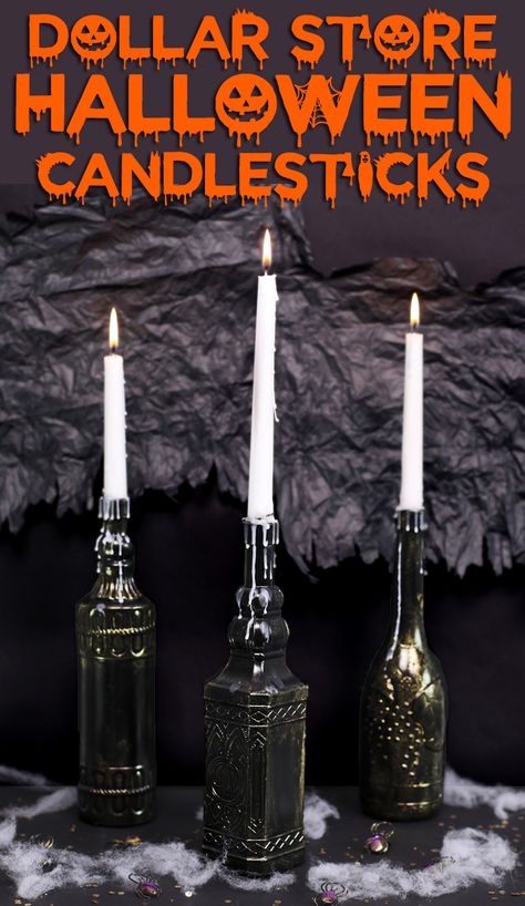 Halloween Candle Holders, Cheap Diy Halloween, Dollar Store Halloween Diy, Halloween Candles Diy, Spooky Halloween Candles, Halloween Candlesticks, Halloween Vase, Cheap Halloween Diy, Diy Halloween Dekoration