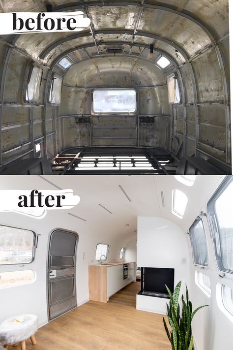 Airstream Remodel Floor Plans, Airstream Fireplace, Airstream Airbnb Ideas, Airstream Bathroom Ideas, Argosy Airstream Remodel, Airstream Remodel Interior, Air Stream Remodel Interiors, Airstream Interior Ideas, Airstream Exterior