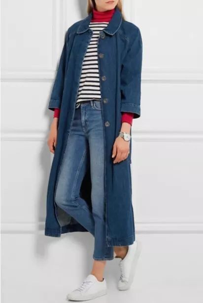 Denim Coat Outfit, Alexander Wang Jeans, Long Denim Coat, Breton Style, Outfits Con Jeans, Jeans Coat, Fashion Dresses Formal, Denim Trench Coat, Chic Coat