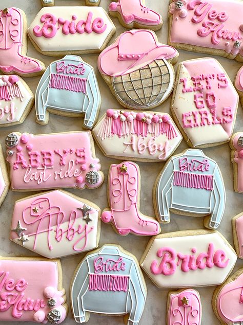 Bachelorette Disco Cowgirl Theme, Last Disco Cowgirl Bachelorette Party, Groovy Cowgirl Bachelorette, Neon Cowgirl Bachelorette Party, Disco Cowgirl 21st Party, Disco Cowgirl Pool Party, Cowgirl Chic Bachelorette Party, Disco Cowgirl Party Cookies, Disco Cowgirl Dessert