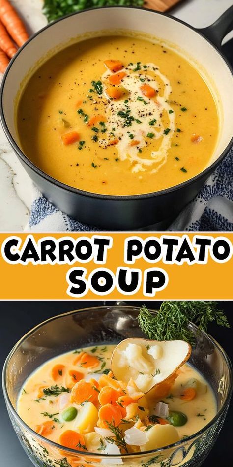 🌟 Make your family’s day with this Hearty Carrot Potato Soup! A warm, nourishing bowl of goodness that’s ready in no time. 🕒❤️ #DinnerIdeas #SoupGoals #ComfortCooking Soup With Potatoes And Carrots, Carrot Soup Recipes Healthy, Carrot Celery Soup, Carrot And Potato Soup, Carrot And Celery Soup, Carrot Potato Soup, Homemade Potato Soup, Best Potato Soup, Carrot Soup Recipes