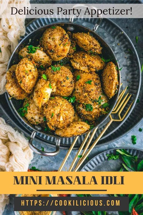 Mini Masala Idli is an alternate fun way to enjoy idli. These steamed cakes are seasoned with molagapudi/gunpowder & make a delicious vegan appetizer/snack. #minimasalaidli #idli #howtomake #stepbystep #snack #vegan #appetizer #healthy #masala #southindian #breakfast #recipe Mini Idli, Yoga For Core Strength, Yoga For Core, Masala Idli, Appetizer Healthy, Yummy Appetizers Parties, Vegan Appetizer, Steamed Cake, Vegan Appetizers