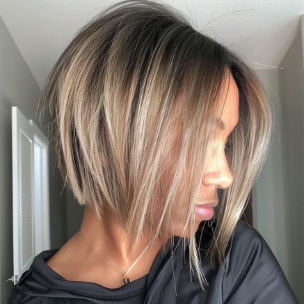 Jagged Edge Bob for Sleek Hair Inverted Messy Bob, A Line Bobs For Fine Hair, Medium Slanted Bob Haircuts, Inverted Bob Round Face, Blond Bob With Lowlights, Straight Hair Choppy Bob, Exaggerated Bob Haircut, Straight A Line Bob, Compact Bob Haircut