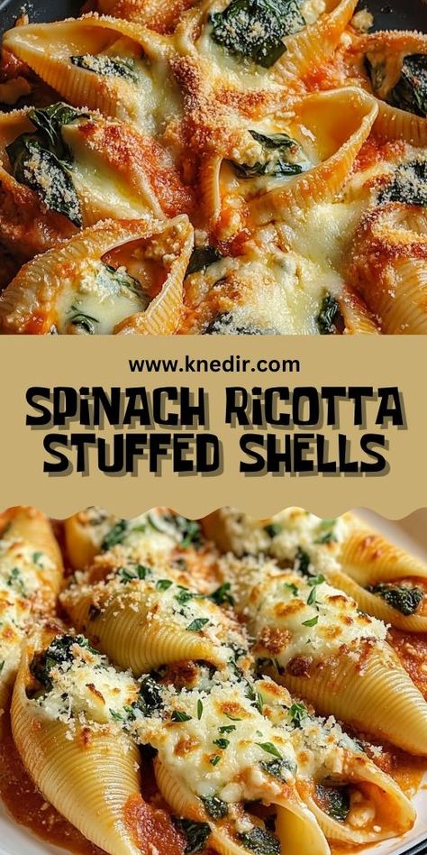 🧀 Looking for a comforting, meatless dinner option? These Cheesy Spinach Ricotta Stuffed Shells are packed with creamy ricotta, spinach, and topped with melty cheese and marinara sauce! 🍅 Perfect for a family dinner or a cozy night in, this vegetarian pasta bake is simple, delicious, and satisfying. Whether you’re cooking for Meatless Monday or a dinner party, this dish will impress! #VegetarianDinner #StuffedShells #PastaBake 🍝 #ComfortFood #EasyDinner #CheesyPasta #FamilyMeals Dishes With Spinach Dinners, Vegetarian Dinners For Family, Meatless Stuffed Shells, Ricotta Spinach Recipes, Stuffed Ricotta Shells, Vegetarian Pasta Bake, Spinach Ricotta Stuffed Shells, Spinach And Ricotta Stuffed Shells, Vegetarian Diet Recipes