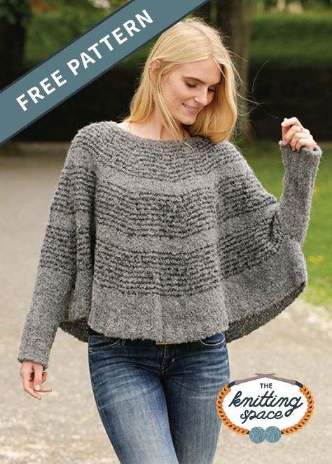 Add style to your fall capsule wardrobe by making this unique bat-wing knitted sweater/poncho. | Discover over 3,000 free knitting patterns at theknittingspace.com  #knitpatternsfree #handmadegifts #giftideas #DIY  #fallknittingpatterns #fallknittingprojects #fallstyle #fallcrafts #fallaesthetic Poncho Sweater Pattern Free Knitting, Sweater Poncho Knitting Pattern, Free Knitted Poncho Patterns, Knitting Patterns Free Poncho Capes, Winter Soft Knit Poncho With Batwing Sleeves, Poncho Knitting Patterns Free, Oversized Knit Poncho With Batwing Sleeves, Knit Fabrication Poncho For Fall, One Size, Knitted One-size Poncho With Batwing Sleeves