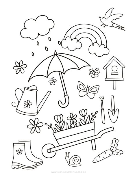 Simply Love Printables Spring Coloring Page Spring Colouring Pages Preschool, Spring Printable Coloring Pages, Easy To Draw Spring Pictures, Spring Clipart Black And White, Spring Colouring Pages For Kids, Gardening Coloring Pages For Kids, Hello Spring Coloring Page, Spring Preschool Printables, Seasonal Coloring Pages