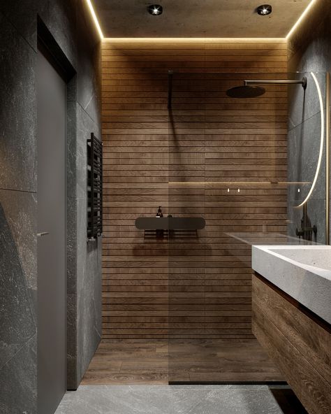 Wood Stone Interior Design, Grey Bathroom Ideas With Wood, Grey With Wood Bathroom, Bathroom Dark Tile Ideas, Dark And Wood Interior, Black Wood Bathroom Ideas, Stone Toilet Design, Bathroom Ideas Black And Wood, Dark Grey And Wood Bathroom