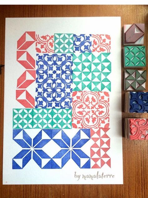 Really bold from some small patterns Diy Stamps, Eraser Stamp, Instagram Pattern, Painting Fabric, Hand Carved Stamps, Stamp Carving, Handmade Stamps, Fabric Stamping, Book Stamp