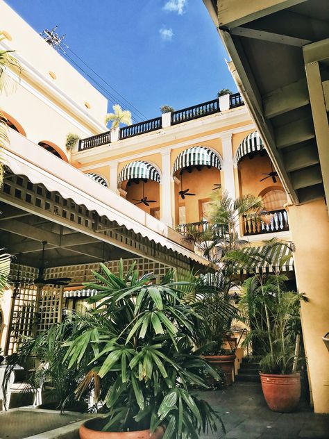 View from the courtyard at the Hotel El Convento in Old San Juan, Puerto Rico | Venture Travelist Poolside Dining, Old San Juan Puerto Rico, Bedroom Redesign, Old San Juan, My Schedule, San Juan Puerto Rico, Yellow Walls, Be Thankful, Beautiful Hotels