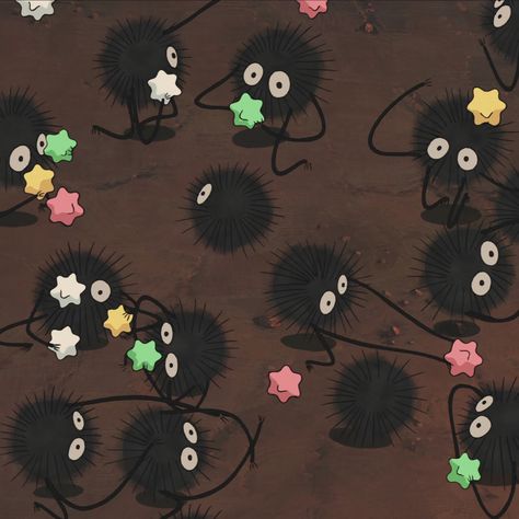 Hayao Miyazaki Painting, Studio Ghibli Brown Aesthetic, Studio Ghibli Square Pictures, Soot Sprite Aesthetic, Studio Ghibli Black Balls, Studio Ghibli Apple Watch Wallpaper, Studio Ghibli Playlist Cover, Studio Ghibli Pictures For Wall, Studio Ghibli Parking Spot