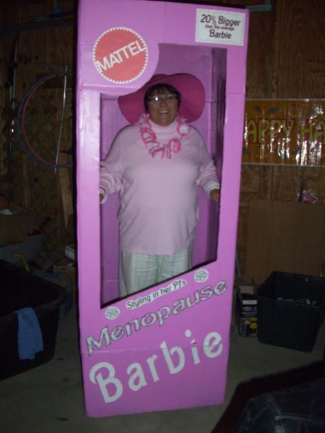 Menopause Barbie in a box costume...20% larger than your average barbie...Comes complete with Hot Flashes, Mood Swings, Antidepressants, Panty Liners, Spare Tire, Reading Glasses, and Stray Chin Hairs! Barbie Humor, Barbie Halloween Costume, Teacher Costumes, Box Costumes, Barbie Funny, Barbie Halloween, Homemade Halloween Costumes, Barbie Costume, Girlfriend Humor