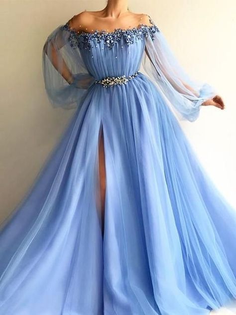 d961e9f236177d65d21100592edb0769desc49974108ri Blue Tulle Prom Dress, Cheap Prom Dresses Long, Modest Prom, Tulle Sleeves, Long Sleeve Prom, Prom Dresses Modest, Blue Tulle, A Line Prom Dresses, Prom Dresses Long With Sleeves