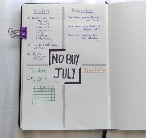 No Buy July, No Buy Challenge, No Buy, Money Help, Cash Money, 2023 Vision, Journal Writing Prompts, Craft Day, Bullet Journal Layout