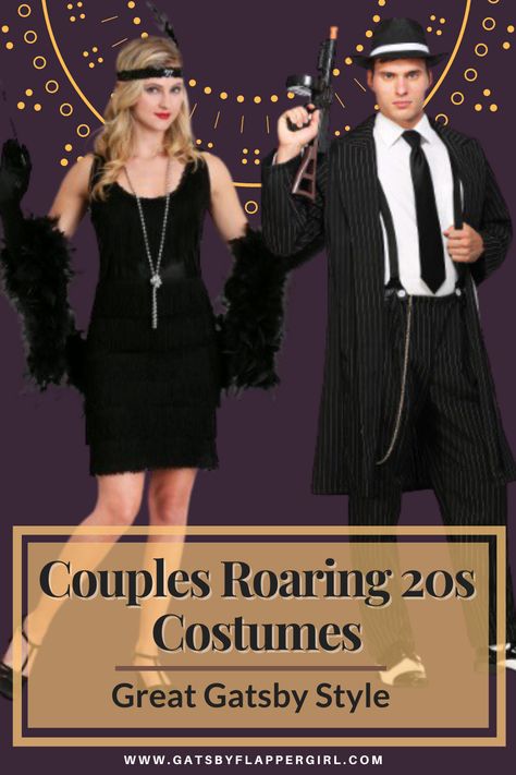 Looking for great costume ideas for a Party or Halloween that you can wear together as a couple? Check out all our Great Gatsby and Mobster style costumes - You will both look great! 20s Costume Ideas For Couples, 1920s Halloween Costumes Couple, Diy Roaring 20s Costume, Roaring 20s Couple Costume, Gatsby Couple Costume, 1920s Costume Couple, Great Gatsby Couple Outfits, Mobster Couple Costume, Great Gatsby Couple Costume