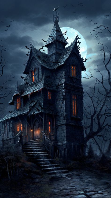 Witch's house created with AI by Amanda Church Witches House Drawing, Witch House Painting, Creepy House Drawing, Haunted House Design, Haunted House Exterior, Horror House Aesthetic, Witch House Drawing, Paintings Of Houses, Halloween Castle