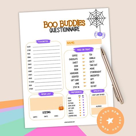 👻 Get spooky with the Halloween Boo Buddies Questionnaire! Perfect for gift exchanges, work parties, or family fun! 🕸️ #HalloweenFun #BooBuddies #HalloweenPrintable #GiftExchange #SpookySeason Boo And Buddy, Work Parties, Work Party, Halloween Boo, Gift Exchange, Halloween Printables, Book Gifts, Coffee Drinks, Halloween Fun