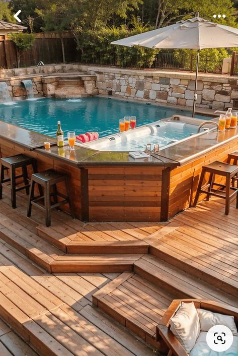 Above Ground Pool And Jacuzzi Deck, Above Ground Pool Built Into Deck, Above Ground Pool Off Deck, Bar Around Pool, Above Ground Pool With Deck Ideas, Half Above Ground Pool, Above Ground Pool Landscaping Deck, Small Built In Pool, Pool Off Back Deck