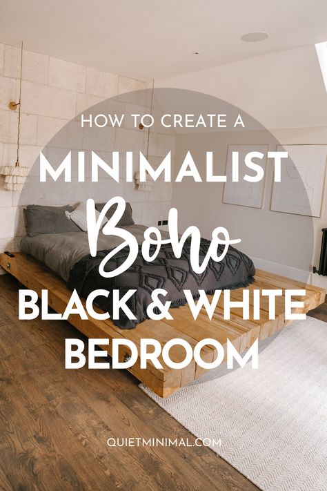 Minimalist Black and White Boho Bedroom (10 Ideas & Tips) - Quiet Minimal - Interior Design Inspiration & Ideas Black White And Grey Bedroom Ideas Boho, Black White Boho Bedroom, Black And White Boho Bedroom Ideas, Gray Boho Bedroom Ideas, Black And White Bedroom Ideas Boho, Black And White Bedding Ideas Modern, Boho Gray Bedroom, African Boho Bedroom, Black And White Bedroom Ideas Minimalist