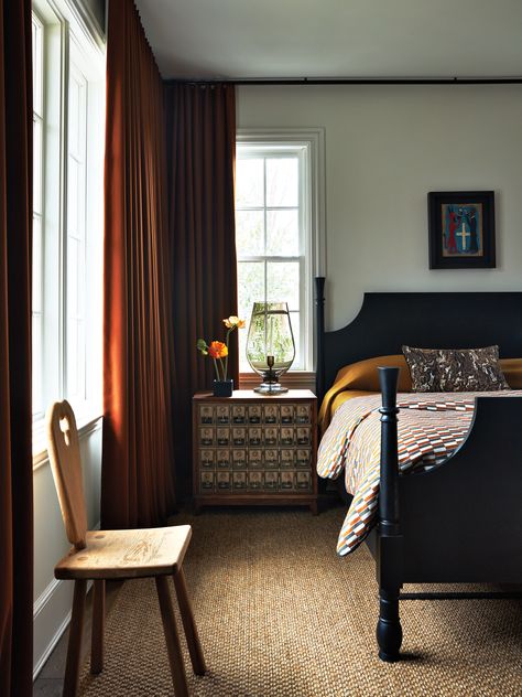 A duvet of Zak+Fox’s Obi cotton accentuates a Rejuvenation bed in the guest room, where Romo wool draperies cloak a corner in a rusty hue. The bedside chest is by Wigu Studios. Lounge Aesthetic, Atlanta Homes, Luxe Interiors, Southern Home, Primary Bedroom, Bedroom Inspo, Guest Bedroom, Bedroom Inspirations, Home Is Where