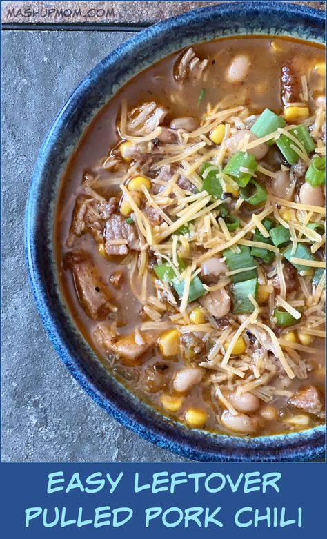 Easy Leftover Pulled Pork Chili Pulled Pork Soup, Pulled Pork Chili Recipe, Mexican Pulled Pork Recipe, Pulled Pork Casserole, Leftover Pork Recipes, Pulled Pork Crock, Pork Chili Recipe, Shredded Pork Recipes, Pork Soup Recipes