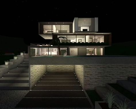 Simple Modern Bloxburg House, Bloxburg Penthouse Exterior, Roblox Bloxburg House Ideas Exterior Mansion Modern, Bloxburg Stairs Ideas Modern, Underground Garage Bloxburg, Bloxburg Builds Not Houses, Driveway Ideas Bloxburg, Dark Modern Bloxburg, Hill House Bloxburg