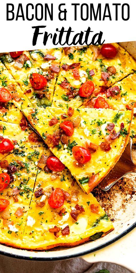 Cheesy veggie-filled frittata dotted with crispy bacon is the perfect dish for a Mother’s Day brunch, or any other brunch-time! You're going to love this Easy Bacon and Spinach Frittata topped with melted cheese. Tomato Feta Frittata, Bacon And Cheese Frittata, Frittata Recipes Bacon, Bacon Frittata Recipes Breakfast, Keto Frittata Recipes, Bacon And Eggs Breakfast, Breakfast Frittata Recipes, Frittata Recipes Breakfast, Fritata Recipe