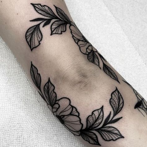 Above Elbow Tattoo, Inner Elbow Tattoos, Floral Thigh Tattoos, Framed Tattoo, Elbow Tattoos, Floral Tattoo Sleeve, Knee Tattoo, Dope Tattoos, Blackwork Tattoo