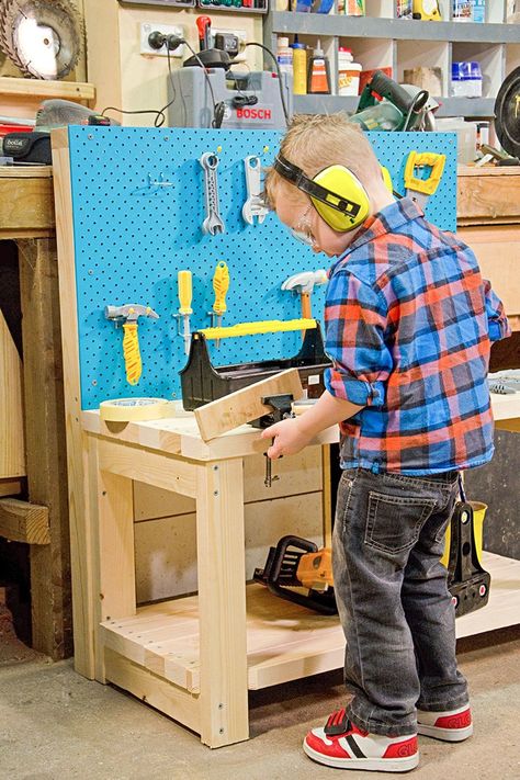 Wood Projects For Preschoolers, Kids Workbench Diy, Diy Kids Tool Bench, Kids Workshop Ideas, Tool Bench For Kids, Wood Projects Kids, Diy Kids Workbench, Kids Work Bench, Toddler Workbench