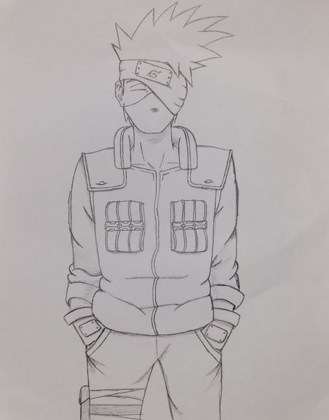 Trying to hone my drawing skills.  I still have a long way to go but I was proud of this. Kakashi Full Body Drawing, Naruto Full Body Sketch, Kakashi Sketch Drawings, How To Draw Kakashi, Drawing Of Kakashi, Kakashi Sketch, Sketch Naruto, Easy Manga Drawings, Kakashi Drawing