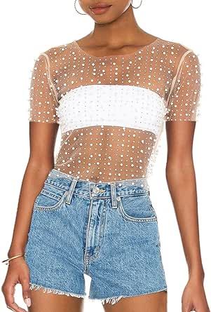 LOFAAC Women Sexy Pearl Rhinestone Beaded Sheer Mesh Crop Tee Shirt Slim Fit Short Sleeve See Through Cover Up Crop Top Pearl Mesh Top, Night Out Tops, White Bandeau, Cropped Tee Shirt, Crop Top Tees, Neck Crop Top, Slim Fit Shorts, Cover Up Dress, Crop Tshirt