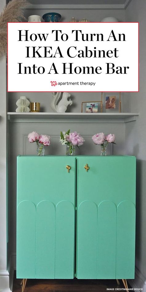 This basic IKEA hack turns a plain wood cabinet into retro-inspired bar. #bartcart #barcabinet #homebar #barideas #cabinetredo #ikeahack #ikeaideas #furnitureredo #cabinetideas #diyideas #diyprojects #retro Diy Bar Dresser, Pink Bar Cabinet, Diy Bar Furniture, Ikea Diy Bar, Diy At Home Bar, Large Bar Cabinet, Bar Cabinet Ideas Diy, Baggebo Hack Ikea, Diy Small Bar