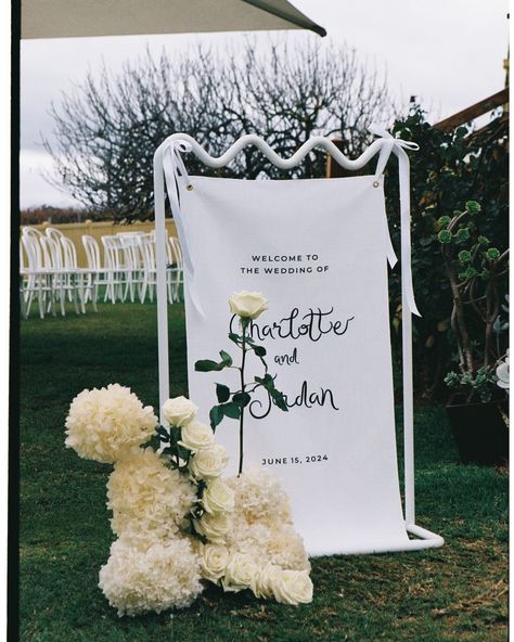 Charlotte & Jordan 🍇 🦢 Adored this couple and having the honour to create all of their stationery! Linen welcome sign & seating chart, personalised menus and drink menus for their special day, alongside some of the best in the industry! @sebastian_paynter_photo these photos are wonderful as always. venue: @simonhackettwinery photography: @sebastian_paynter_photo wedding stationery: @oakandivory_ videographer: @idocinema florals: @evebud dress: @_gretakate_ suit: @knightsmanbespoketailors... Signage Flowers, Linen Welcome Sign, Welcome Sign Seating Chart, Charlotte Jordan, Sign Seating Chart, Welcome Boards, Luxury Stationery, Unique Invitations, Modern Invitation