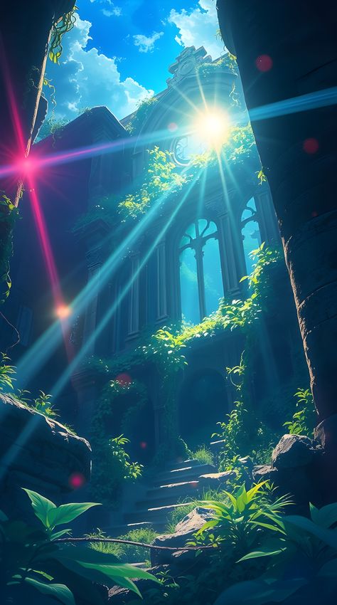 A dramatic cinematic Isekai anime still, bright lens flares illuminating ancient ruins overgrown with vines, vibrant colors, expressive composition, light streaks, film grain texture, high contrast.