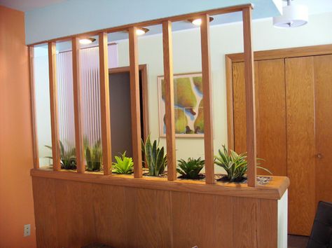 gorgeous indoor planter Mid Century Built Ins, Half Wall Ideas, Indoor Planter Box, Built In Buffet, Pony Wall, House Planter, Mid Century Planter, Mid Century Modern Living, Mid Century Modern Interiors