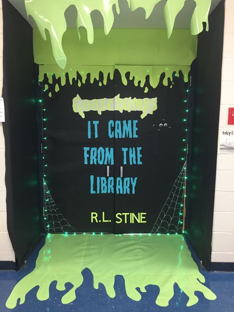 Library door decoration for Halloween Goosebumps Door Decoration, Halloween Library Door Decorations, Goosebumps Halloween Decorations, Goosebumps Party Decorations, Goosebumps Decorations, Goosebumps Decor, Library Halloween Decorations, Door Decoration For Halloween, Goosebumps Party