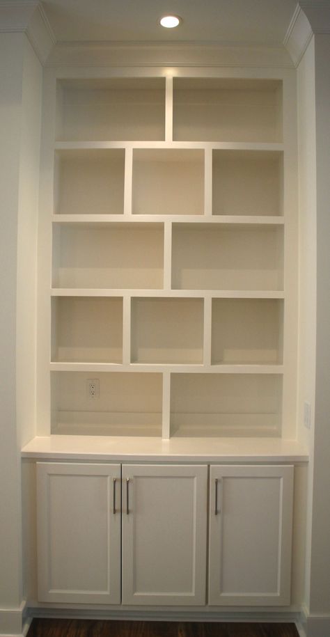 G- Contemporary Painted Built-in Base Cabinet with Bookshelves Built In Book Shelf Ideas Living Room, End Of Hallway Built In Shelves, Bookshelves With Cupboards Underneath, Unique Built In Bookshelves, Built Ins With Kitchen Cabinets, Base Cabinets For Built Ins, Bookshelf With Cabinet Base, Shelves With Cabinets, Builtin Bookshelves