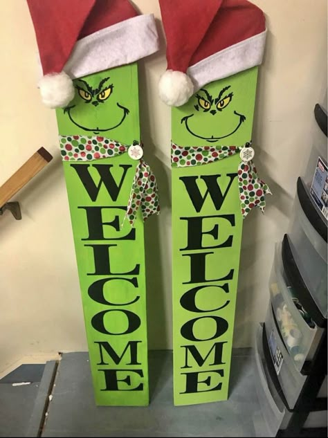 Grinch Signs Wooden Diy, Grinch Yard Decorations, Christmas In July Decorations, Pallet Wood Christmas, Grinch Crafts, Grinch Decorations, Fall Decor Diy Crafts, Wooden Christmas Crafts, Grinch Christmas Decorations