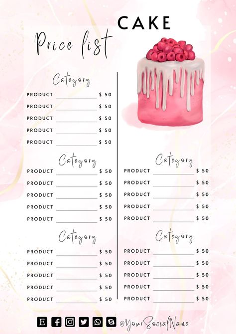 Bakery business price list graphic Price List Design Ideas Food, Cake Price List, Bakery Menu Template, Cake Business Plan, Cake Pricing Chart, Bakers Menu, Bakery Names, Home Bakery Business, Cake Branding